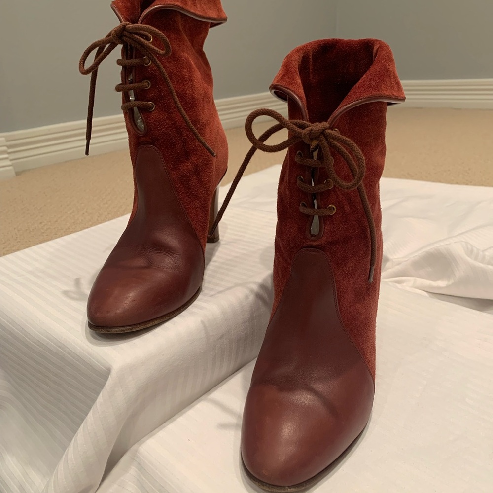Pre-own Chloe Burgundy Suede/Leather Lace-up Boots Women Size 37/6.5